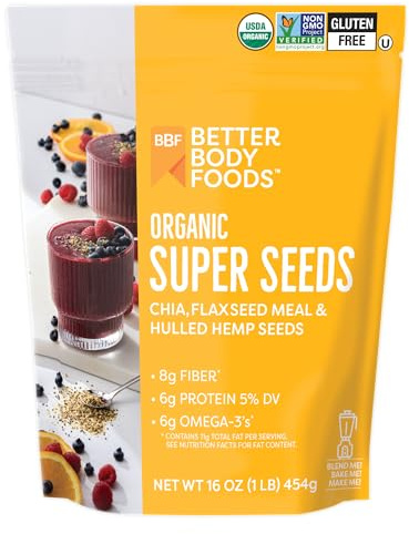 BetterBody Foods Superfood Organic Super Seeds - Blend of Organic Chia Seeds, Milled Flax Seed, Hemp Hearts, Add to Smoothies Shakes & More, 1lb, 16 oz