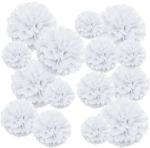 Pompon Papier de Soie Blanc Pompom Fleur Decoration Mariage Boule Suspendu pour Noël,Anniversaire,Chambre,Maison,Fete,Baptême,Baby shower- 15pcs (5pcs 15/20/25cm)