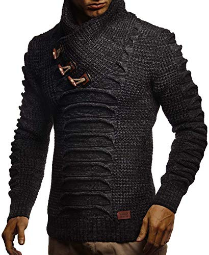 Leif Nelson Men's Pullover Knit Sweater Chunky Knit Shawl Collar LN-5575 Anthracite Black Medium