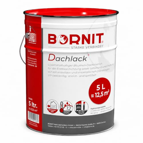 BORNIT Dachlack Dachabdichtung Bitumen Anstrich UV-beständig [haftstark] 5L | lösemittelhaltiger Dachanstrich Dach Gartenhaus Haus Dachpappe Garage Flachdachabdichtung Carport Beton Vordach