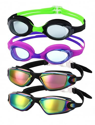 Romoc 4 Pack Kids Swim Goggles Ages 6-14 UV Protection Anti Fog No Leaking Pool Swimming Goggles for Boys Girls Youth Christmas Gift (black+purple)