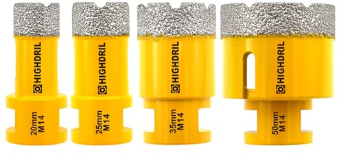 HIGHDRIL Diamond Core Drill Bit - 4Pcs 20/25/35/50mm with M14 Thread Dry drilling for Porcelain Tile Ceramic Granite Marble Stone Masonry Brick for Angle Grinders