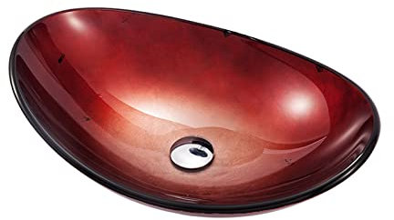 Ksunun Vasque à Poser Salle de Bain Rouge Lavabo à Poser en Verre Trempé Evier à Poser Ovale Artistique avec Ensemble de Drainage Laiton, pour Salle de Bain Toilette, 540 x 360 x 160 mm