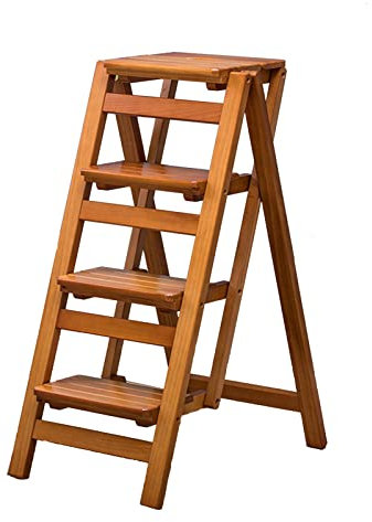 LHYZF Folding 4 Steps Wooden Ladder, Household Portable Stepladder Multifunction Wooden Ladder Shelf for Kitchen Office Library
