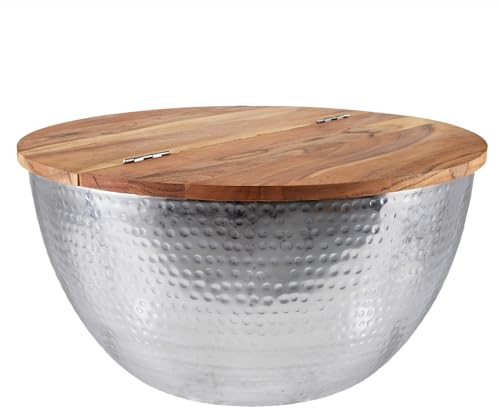 Riess Ambiente Handgefertigter Couchtisch Orient Storage 60cm Silber im Classic Hammerschlag Design Akazie mit Stauraum