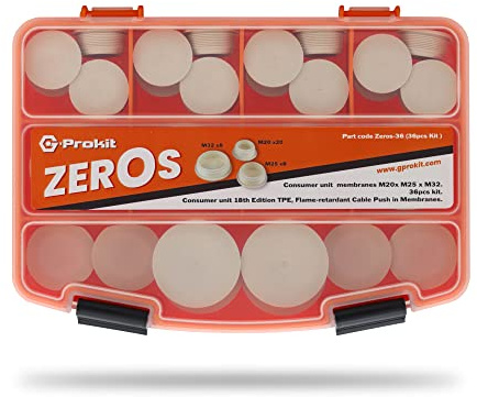 G-PROKIT Zeros 36-Piece Flame-Retardant TPE Membrane Grommet Kit Box, for Consumer Unit Installation - 20mm, 25mm, 32mm, fire Rated, IP66