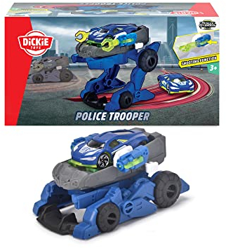 Dickie Toys - Polizei Trooper (12 cm) - 2 in 1 Roboter-Polizeiauto für Kinder ab 3 Jahren inkl. abnehmbarem Spielzeugauto (7,5 cm), Spielzeug-Fahrzeug mit coolen Funktionen, Mehrfarbig, 203792000