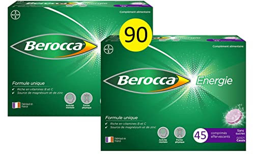Berocca® Energie Cassis- Multivitamines et Minéraux -Vitamine C, B3, B5, B1, B12, Magnésium et Zinc - Complément alimentaire - Aide à réduire la fatigue - 2X45 comprimés effervescents