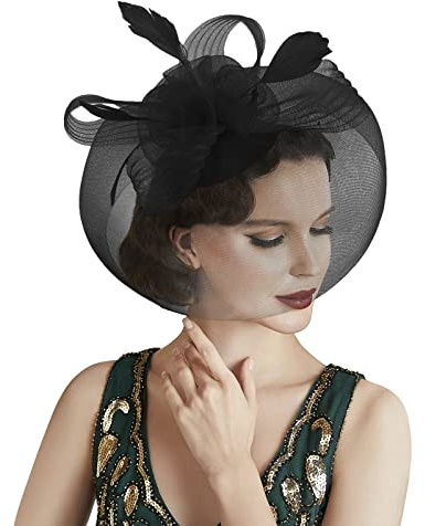 Damen Vintage Federhut Mesh Hut kreativer Haargummi-Kopfschmuck Feder Blumen Zylinder Mesh-Kopfbedeckung hübsch Haarnadel Braut Kopfbedckung für Hochzeit Cocktail Kirche Tee Party Jockey Club