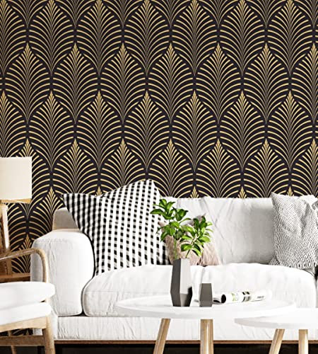 Myphotostation guld art deco borttagbar Peel and Stick-tapet blad väggmålning svart och guld tapet B 50,8 cm x H 315 cm
