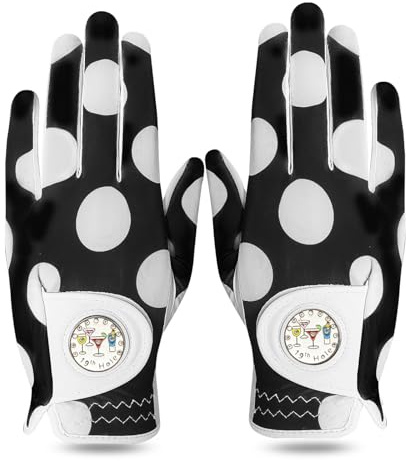 LOVMEAD Damen Golf Handschuh Golfhandschuhe Leder mit Ballmarker All Wetter Linke Rechte Hand Paar, Damen-Golfhandschuhe Rain Grip Weathersof rutschfest Sport (Schwarz, L)