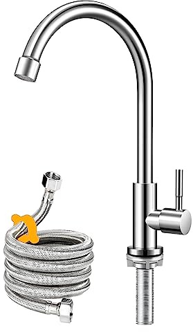 Cold Water Faucet Only,Single Handle Single Hole Cold Water Kitchen Faucet Brushed Nickel Stainless Steel Cold Faucet for Kitchen.Outdoor(Stainless Steel nut, 2.6” Threaded Rod,)