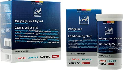 Juego de limpieza y cuidado de acero inoxidable Clean + Protect de 100 g en polvo y 5 paños de limpieza, compatible con Bosch Siemens Neff 00311964