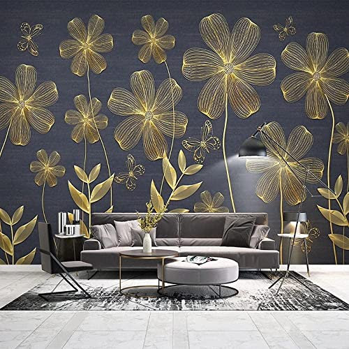 3D Flor De Linea Dorada En Relieve Papel De Pared Impresión De Pared Calcomanía Decoración De Pared Murales De Pared Para Interiores Mural De Pared Removible | Papel Pintado Grande Autoadhesivo, Para