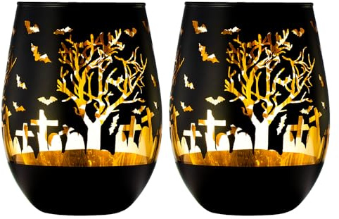 Halloween Stemless Wine Glass Set Of 2 Spooky Black Gold Graveyard Tumblers | Haunted Cemetery Bats Tree Gothic Barware For Fall Parties Horror Decor October Entertaining Hostess Gifts Fright Night Booze