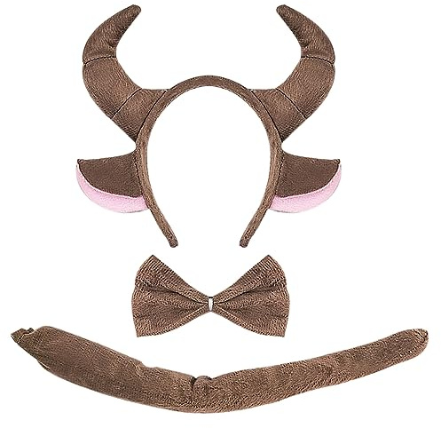 SKHAOVS Tierkostüm Kinder, Stier-Cosplay-Set, Karneval Kostüm Kinder Tiere, Tierohren Stirnband + Fliege + Schwanz, Halloween Kostüm Faschingskostüme Zubehör für Fasching Cosplay Party