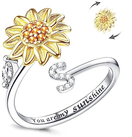Fidget Ring Für Frauen, Kucheed Sonnenblume Größenverstellbarer Spinner Ring, Silber Stapelbar Anti Stress Buchstabe Fingerkreis Schmucks, Graviert 'You Are My Sunshine' Im Inneren Des (S)