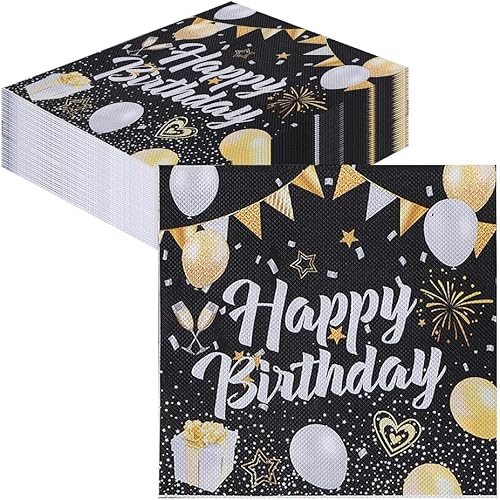 Servietten Geburtstag Schwarz Gold, 40 Stück Happy Birthday Servietten, Papierservietten Papier Napkins für Frau Mann Mädchen Geburtstag Party Deko