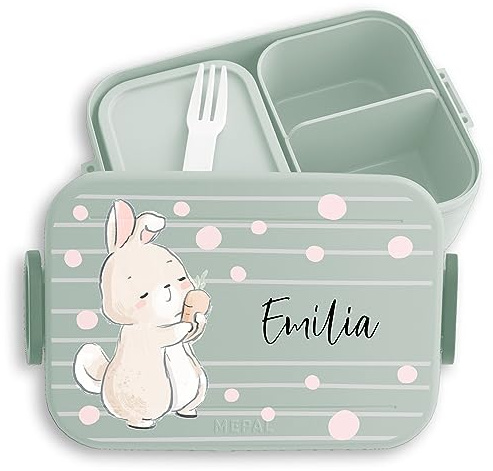 Kinder Bento Box Midi für Mepal Bentobox - Hasen - Brotbox Hase Lunchbox Rabbit I Bunny - 900 ml - Sage Grün - brotdose hasenmotiv jausenbox mädchen schule tiere name kindergarten geschenke