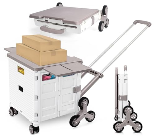 Foldable Utility Cart with Stair Climbing Wheels,Collapsible Rolling Crate with Magnetic Lid Telescopic Cover,Adjustable Telescoping Handle,360° Rotate Wheel Hand Cart for Teacher Shopping Moving
