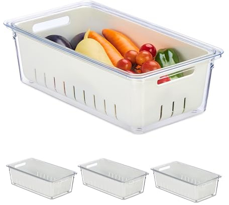 Relaxdays Contenitori per Frigo con Coperchio, Set da 4, Impilabili, Cestelli Scola Verdure, Box Alimenti, Trasparente