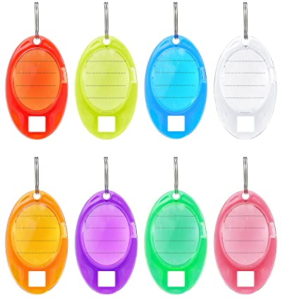 Uniclife 24 Stück ovale Schlüsselanhänger Farbenfrohe Robuste Kunststoff-Schlüsselanhänger mit Linierten Papieretiketten Klaren Fenstern und Geteilten Ringen Robuste Artikelkennzeichnungen, 8 Farben