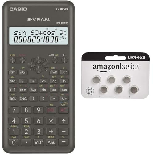 Casio FX-82MS-2 Wissenschaftlicher Taschenrechner, Batteriebetrieb, grau & Amazon Basics – LR44 Alkaline-Knopfzelle, 6 stück