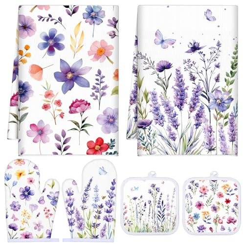 Sunnychicc Spring Lavender Oven Mitts and Pot Holders Kitchen Dish Towels Set Purple Flower Spring Kitchen Towels and Dishcloths for Baking Cooking Women BBQ Grilling Hand Dish Gifts