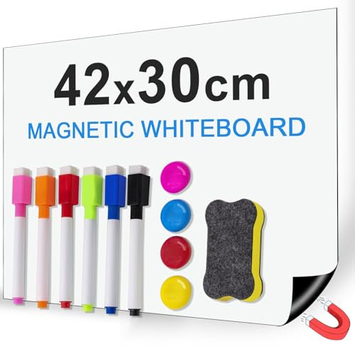 Ezigoo A3 Lavagna Magnetica Frigo, 42x30 cm Lavagna Cancellabile Bianca con 6 Pennarelli, 1 Gomma e 4 Magneti, Lavagnetta Magnetica Frigorifero Lavagna Flessibile per Parete, Casa, Ufficio e Scuola