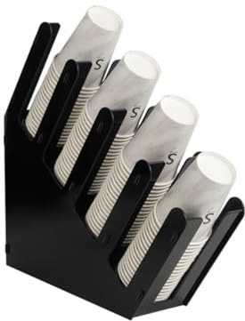 Becher-und Deckelhalter–schwarzer Kaffeebecherhalter mit schrägem Design aus Acryl für einen hochwertigen Look, 4 Fächer Organizer,Einwegbecher-Spender , Aufbewahrungskorb für Kaffeestation, Bar