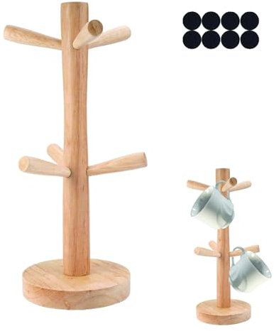 Soaeixa Tassenständer Holz, Brezelständer, 6 Armig, Runder Boden Kaffeetassenständer, Tee Kaffeetasse Veranstalter Zubehör Tasse Rack Regal, mit 8 Silikonpolster für Küchentheke Tabletop