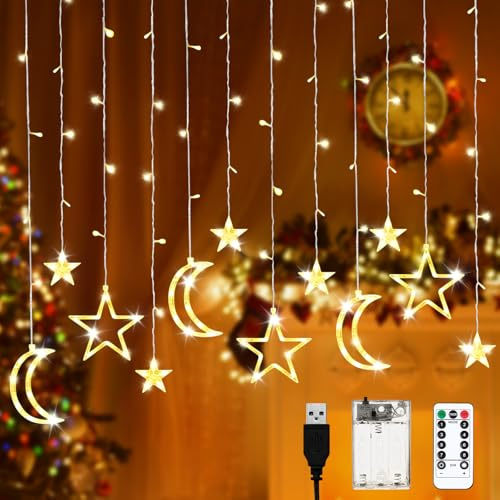 Stern Mond LED Lichterketten,Sterne Vorhang Lichter,3.5M LED Lichtervorhang Sterne Innen,LichtLichterkette Sternenvorhang,LED Fenstervorhang Lichter Weihnachtstag Hochzeit Garten Innen Außen Partydeko
