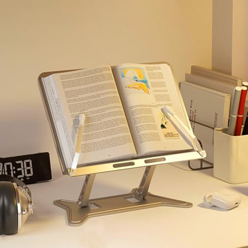 GIZNXBA Buchständer Metall Zum Lesen Höhenverstellbarer Leseständer Dicke Bücher Kochbuchhalter Mit Büroklammern, Silber Klappbarer Kbuchhalter Leseständer Laptopständer Für Couch