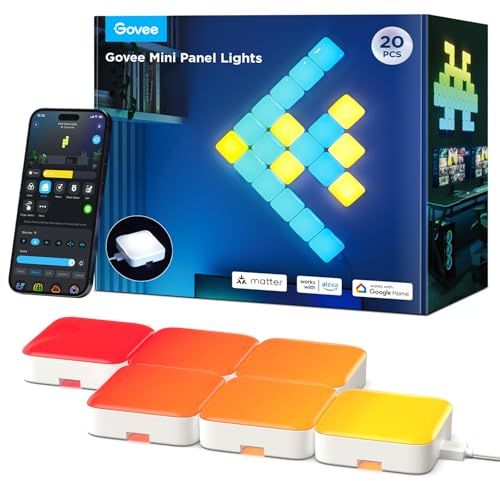 Govee Mini Panel Lights, RGBIC Wandpaneele, Musikmodi, DIY-Modus 20er-Pack | funktioniert mit Matter, Alexa, Google Assistant, 50 Szenenmodi LED-Wandpaneele für Spielzimmer, Schlafzimmer, Wohnzimmer