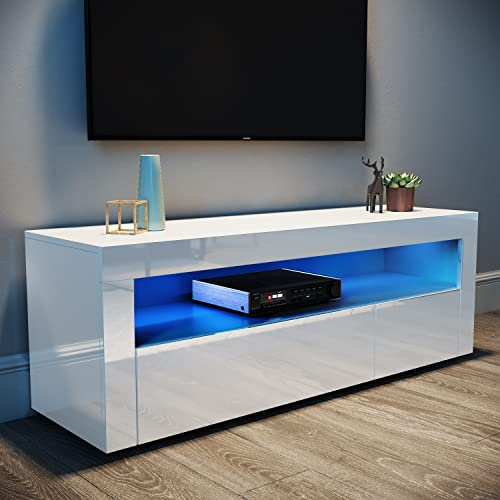 ELEGANT 120cm LED TV Unit High Gloss Modern TV Stand Cabinet with Ambient RGB Lights for 32 40 43 50 inch 4k TV Living Room and Bedroom Furniture with Storage, White