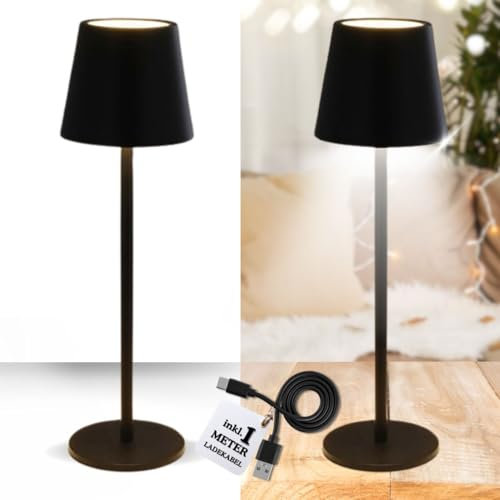 Bada Bing LED Touch Tischleuchte schwarz mit Schirm in 37 cm - Deko Lampe tragbar aus Metall - Warmweiß drei Helligkeitsstufen - Tischlampe Kabellos wiederaufladbar - Tisch Akku für Haus & Garten