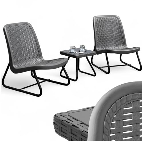 TecTake® Conjunto Sillas Mesa Auxiliar Jardín - Ratán Acero Antideslizante - Mobiliario Terraza - Gris