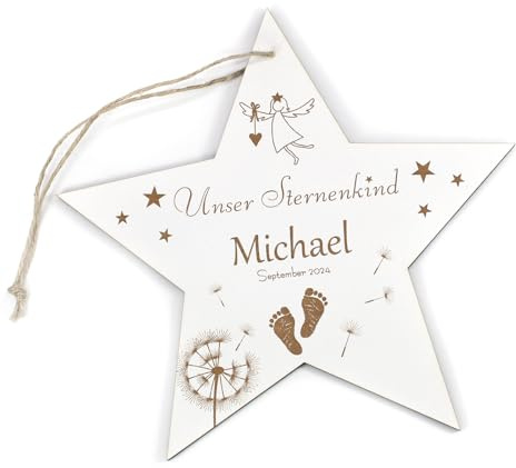 DEKOLANDO Schild Stern Unser Sternenkind personalisiert mit Name und Datum - Trauer Andenken Gedenkschild Engel - 20 x 19 cm
