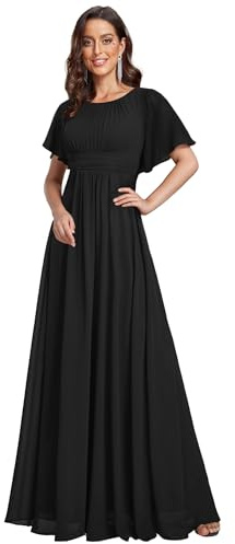 Ever-Pretty Abito Cerimonia Donna Eleganti Lungo a Maniche Corta Abito Damigella d'Onore in Chiffon Vestito Donna Elegante Nero 44