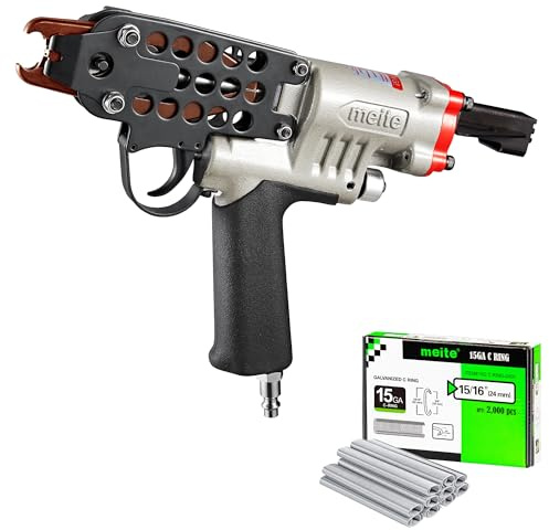 meite SC7C-I2 Pneumatic Hog Ring Gun with 2000PCS 15GA Hog Rings 19mm Crown | 5.5-6.0mm Closure Air C Ring Stapler, 24mm Outer Crown for Mattress, Seat Assembly, Wire Cages, and Fencing