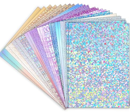 60 ark holografiskt kort A4, 250 gsm/42 kg metalliskt kartong, glitter, glänsande skimrande spegelpapper, tjockt kort, arkivpapper för hantverk, korttillverkning, festdekoration, klippbokstillbehör