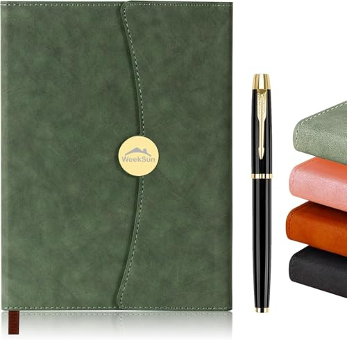 WEEKSUN Leder Notizbücher, Notizbuch A5 Mit Magnetverschluss und Stift， Notizbuch aus 100Gsm Papier Mit Horizontalen Linien Geeignet Für Schüler, Lehrer und Büroangestellte(Grün)