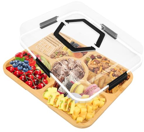 Snackbox mit 5 Fächern, Käsebrett mit Deckel, Bambus Käseplatte Charcuterie Board für Snack & Antipasti, Tragbares Snackteller Organizer mit Deckel und Griff,Geteiltes Serviertablett aus Holz für Obst