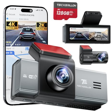 TECXERLLON 4K Dash Cam Front and Rear with ADAS Assist, Free 128GB Card Included, Built-in GPS & 5G WiFi, G-Sensor, Dash Camera with No-Light Night Vision,170°/150° Wide View, 24H Parking Mode