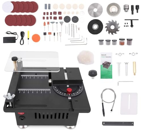 Mini scie circulaire de table électrique pour le travail du bois, coupe en métal, 7 vitesses réglables, réglage de l'angle avec différentes lames de scie, profondeur de coupe relevable