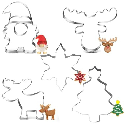 5 Stück Ausstecher Weihnachten Ausstechformen Schneeflocke Wichtel,Elchkopf,Elch,Weihnachtsbaum Keksausstecher Weihnachten Plätzchenausstecher für Backen Fondant Torten
