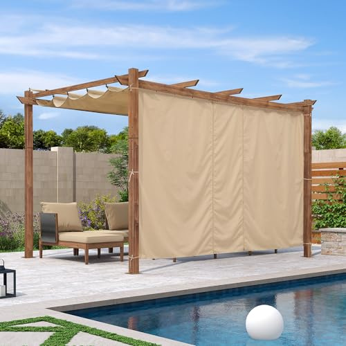 PURPLE LEAF Pergola Aluminium 4 x 3 m avec Rideau Pergola Jardin Extérieur Finition Teck, Toile Coulissante Rétractable, Tonnelle Imperméable, Barbecue Extérieur, Pavillon de Jardin, Kaki