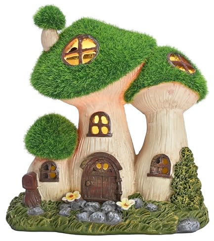 TERESA'S COLLECTIONS Garden Decor, Mushroom Fairy Garden House,Fairy House Decor, Waterproof Resin with Solar Lights, Garden Decor, Garden Gifts for Mom,Indoor/Outdoor,6.7