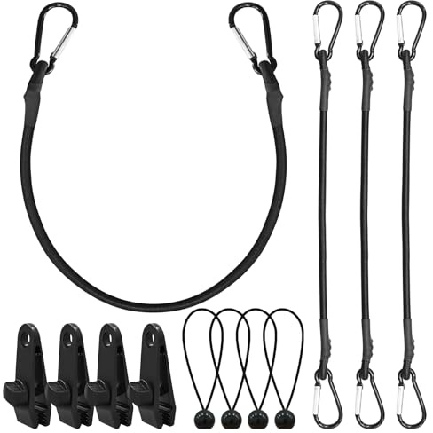 Bungee Cords with Hooks – 4pcs 60cm Heavy Duty Bungee Straps, 4pcs Tarp Clips & 4pcs Bungee Cord with Balls for Trunks, Camping Gear, Tarps, Trailers, DIY, Garden Furniture