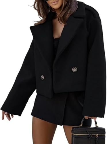 Trench-coat court pour femmes automne hiver manteau à pois vestes blazer à double boutonnage manteau de mode (Noir,S)